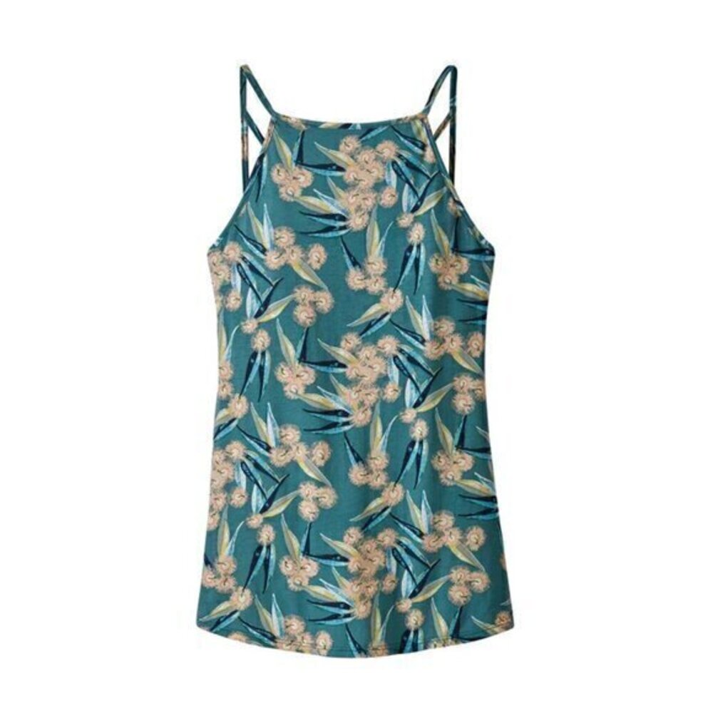 Patagonia Womens XS Floral Tank Top Sleeveless Halter Neck Blue Tan Boho Summer